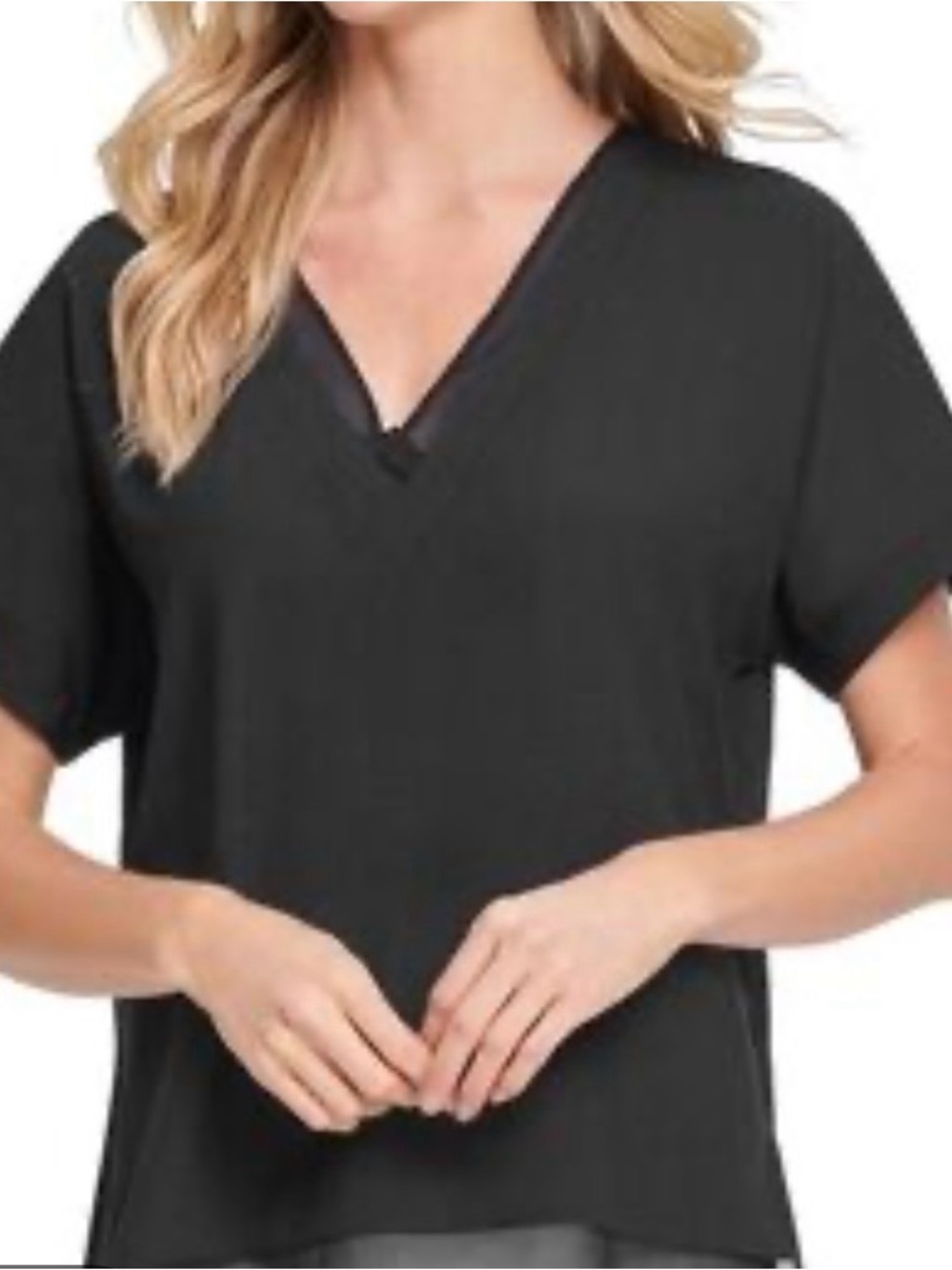 DKNY Women’s Black Blouse V-neck Chiffon Hem And Neckline Large Lightweight